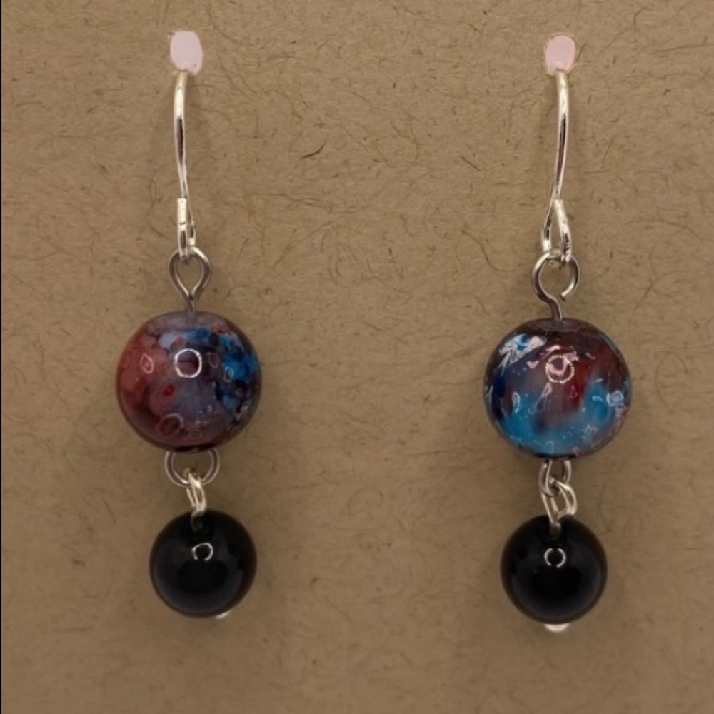 Blue Red Marble Earring Pair